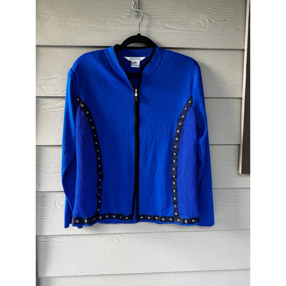 Vintage Misook Blue Zip Cardigan Sweater M Grommet Mesh Y2K
